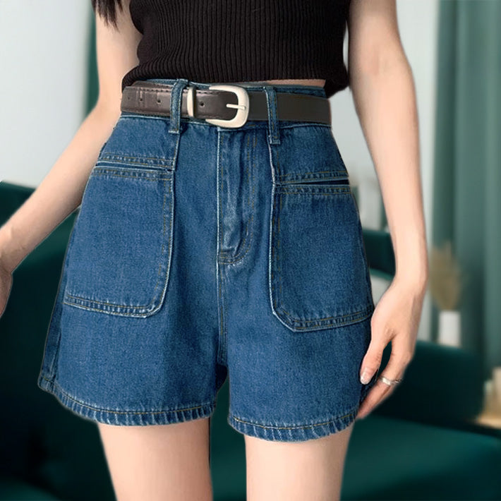 アイカ ica ショートパンツ デニム パンツ ショート キュロット 短パン ショーパン ジーンズ Aライン ハイウエスト ショート丈  ゆったり 大きいサイズ カジュアル キャンプ アウトドア （BL） BL
