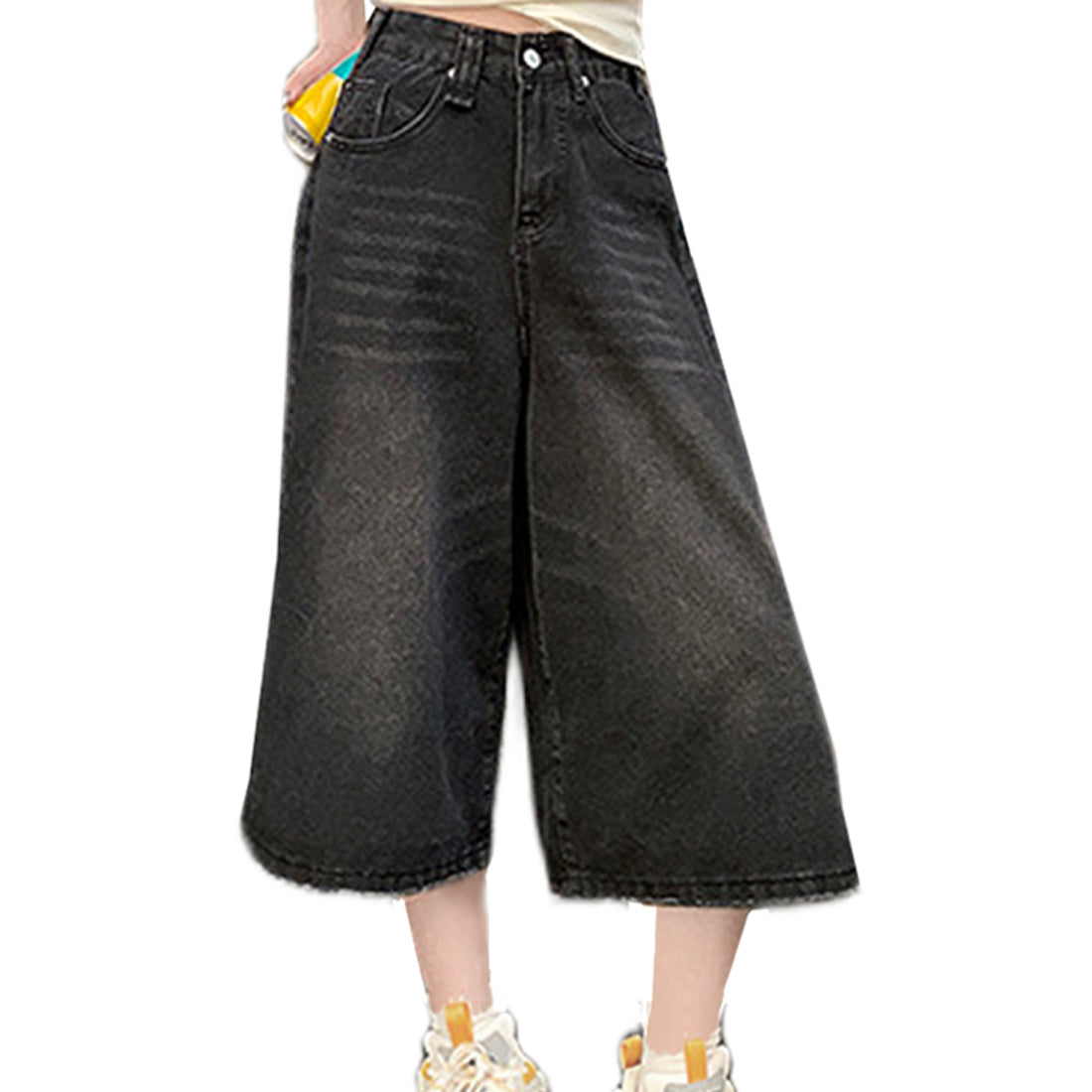 アイカ ica デニム ワイドパンツ ガウチョパンツ ワイドデニム パンツ ジーンズ ジーパン ヴィンテージ 七分丈 半端丈 Aライン フレア ハイウエスト カジュアル ゆったり 大きいサイズ 体型カバー （BK） BK
