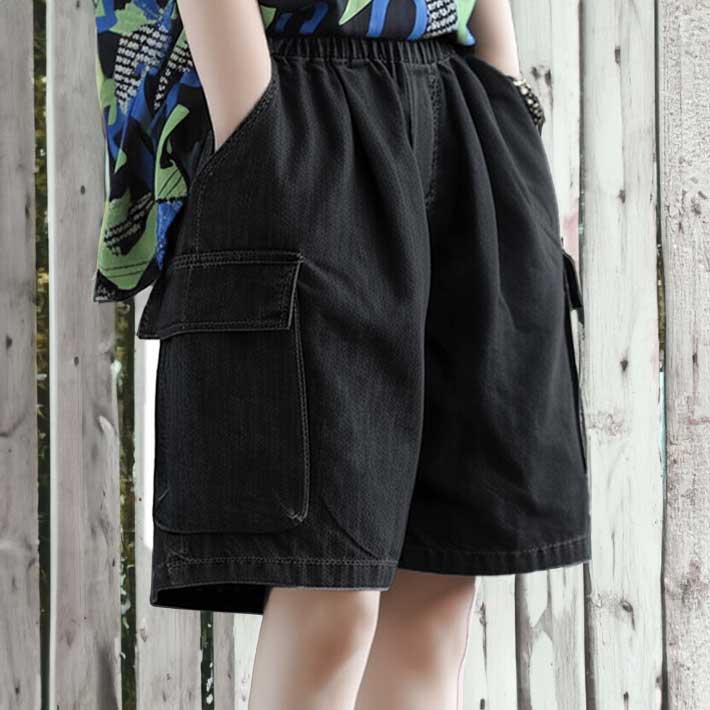 アイカ ica デニム ショート パンツ カーゴ キュロット ハーフ ゆったり Aライン ショート丈 膝上 ハイウエスト ポケット ウォッシュ加工 ジーンズ ジーパン Gパン こなれ感 大きいサイズ （BK） BK