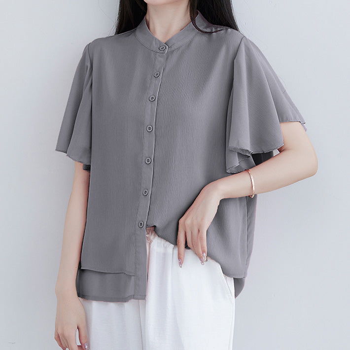 AIKA Cool and lightweight chiffon with flared sleeves and layered design, stand-up collar, short-sleeved blouse