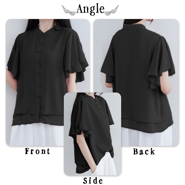 AIKA Cool and lightweight chiffon with flared sleeves and layered design, stand-up collar, short-sleeved blouse