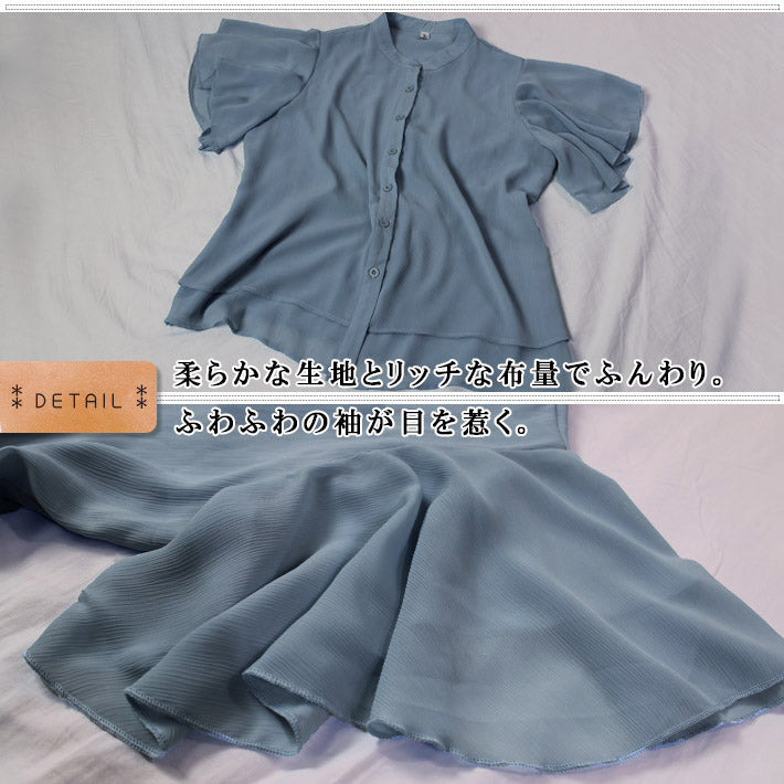 AIKA Cool and lightweight chiffon with flared sleeves and layered design, stand-up collar, short-sleeved blouse