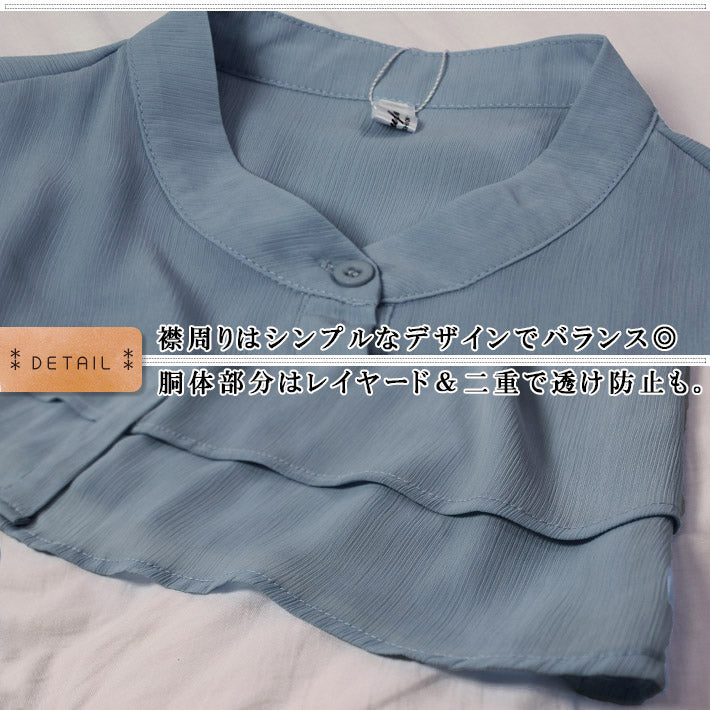 AIKA Cool and lightweight chiffon with flared sleeves and layered design, stand-up collar, short-sleeved blouse