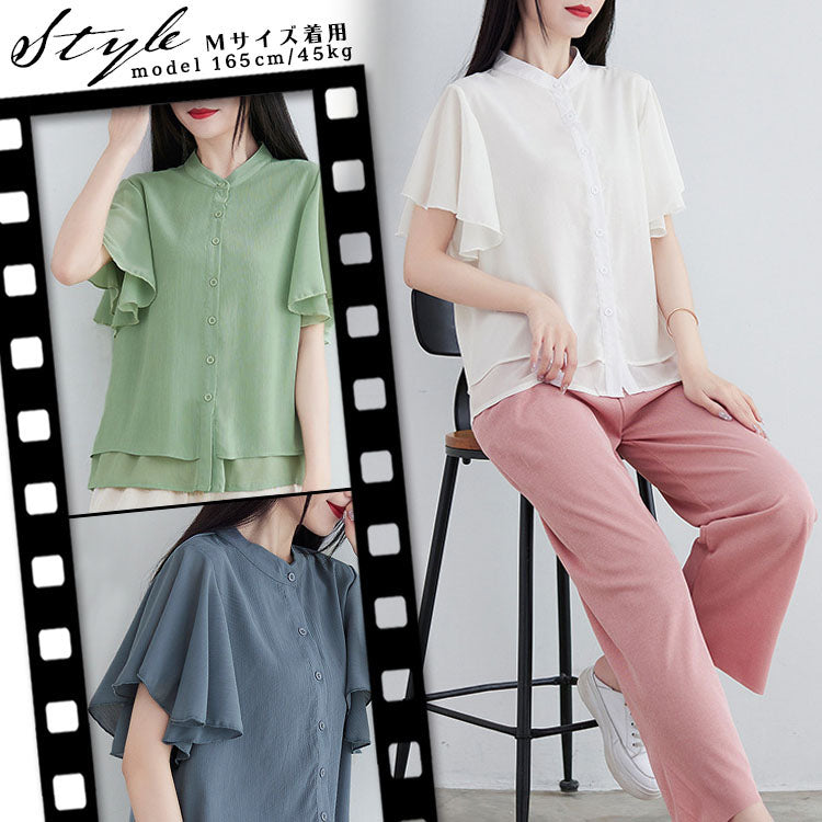 AIKA Cool and lightweight chiffon with flared sleeves and layered design, stand-up collar, short-sleeved blouse