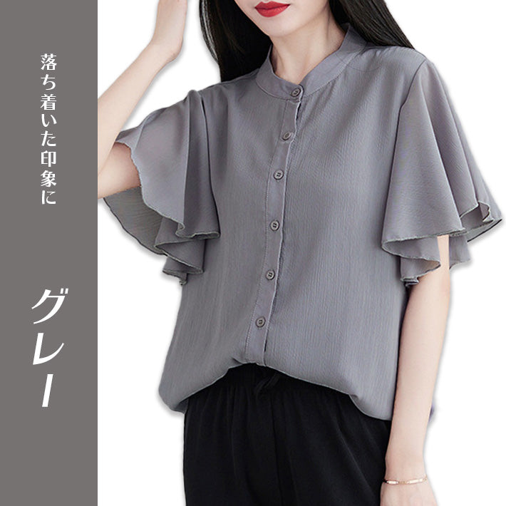 AIKA Cool and lightweight chiffon with flared sleeves and layered design, stand-up collar, short-sleeved blouse