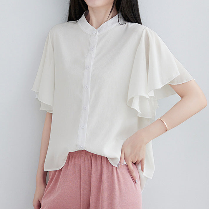 AIKA Cool and lightweight chiffon with flared sleeves and layered design, stand-up collar, short-sleeved blouse