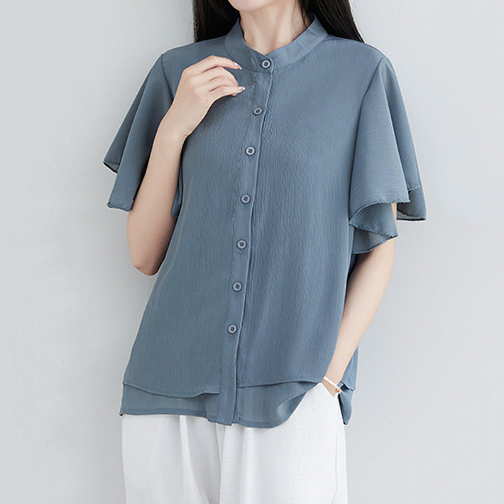 AIKA Cool and lightweight chiffon with flared sleeves and layered design, stand-up collar, short-sleeved blouse