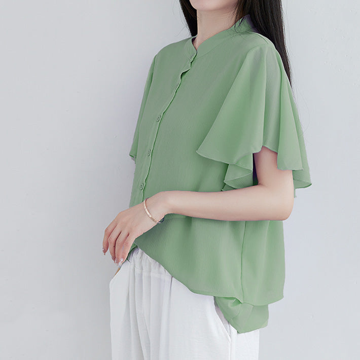 AIKA Cool and lightweight chiffon with flared sleeves and layered design, stand-up collar, short-sleeved blouse