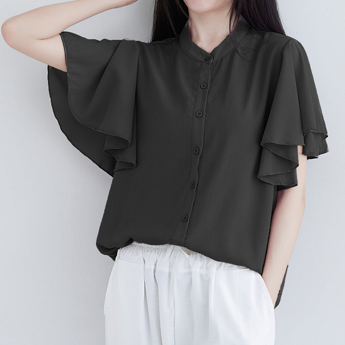 AIKA Cool and lightweight chiffon with flared sleeves and layered design, stand-up collar, short-sleeved blouse