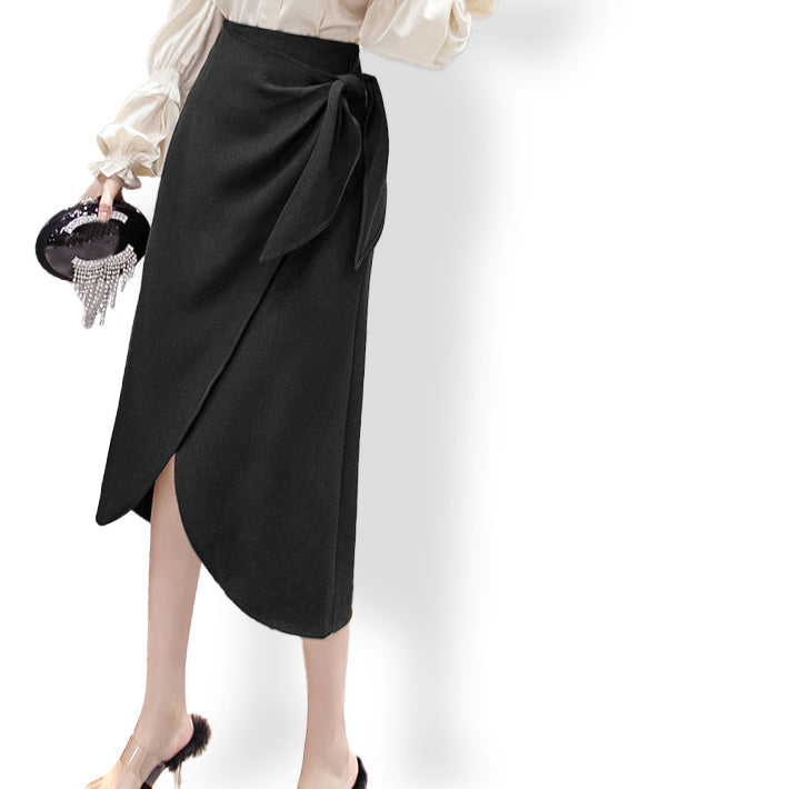 AIKA stretch fabric waist ribbon irregular hem below-the-knee wrap skirt