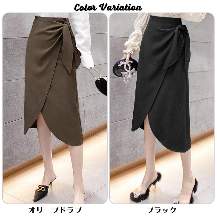 AIKA stretch fabric waist ribbon irregular hem below-the-knee wrap skirt