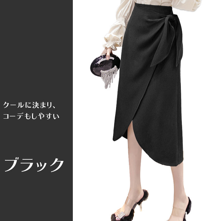 AIKA stretch fabric waist ribbon irregular hem below-the-knee wrap skirt