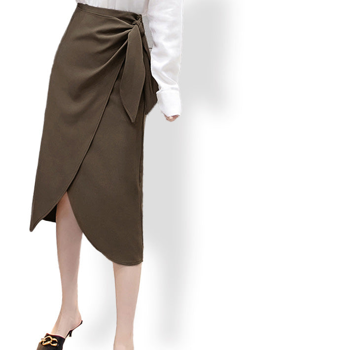AIKA stretch fabric waist ribbon irregular hem below-the-knee wrap skirt