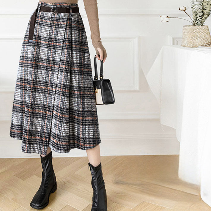 AIKA Check 4 Patterns Warm Thick Tweed Belted Mid-length Wrap Skirt-style A-line Skirt