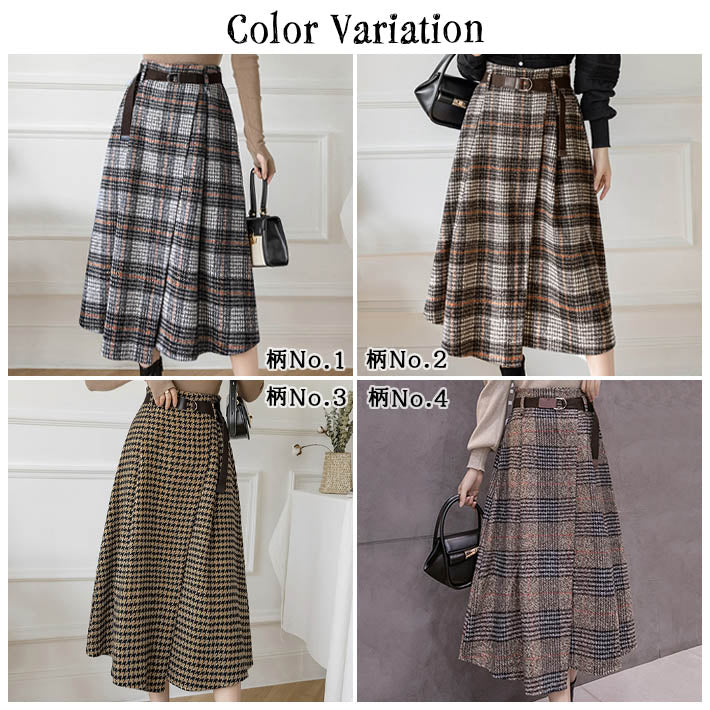 AIKA Check 4 Patterns Warm Thick Tweed Belted Mid-length Wrap Skirt-style A-line Skirt