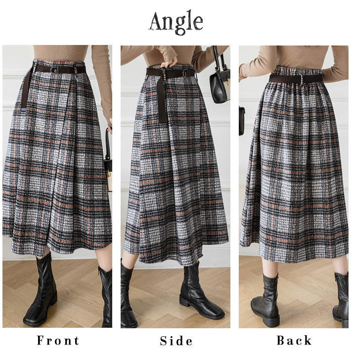 AIKA Check 4 Patterns Warm Thick Tweed Belted Mid-length Wrap Skirt-style A-line Skirt