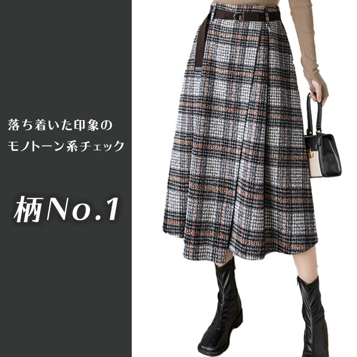 AIKA Check 4 Patterns Warm Thick Tweed Belted Mid-length Wrap Skirt-style A-line Skirt