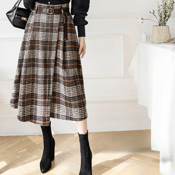 AIKA Check 4 Patterns Warm Thick Tweed Belted Mid-length Wrap Skirt-style A-line Skirt