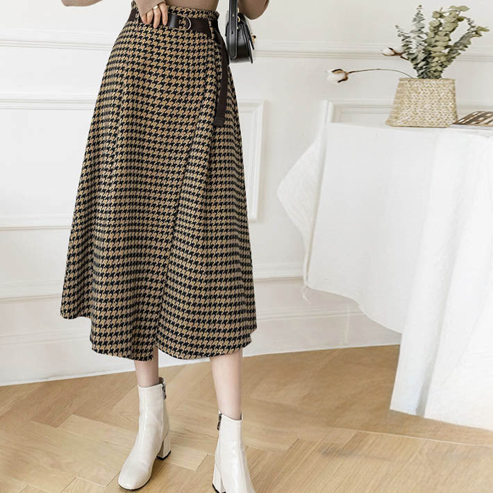 AIKA Check 4 Patterns Warm Thick Tweed Belted Mid-length Wrap Skirt-style A-line Skirt