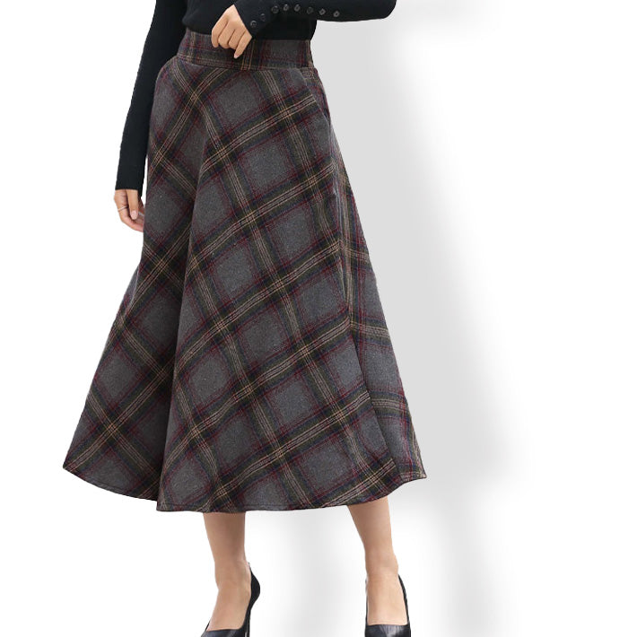 Aika Warm Flannel Lightly Brushed Bias Check Mid-length Flared Skirt