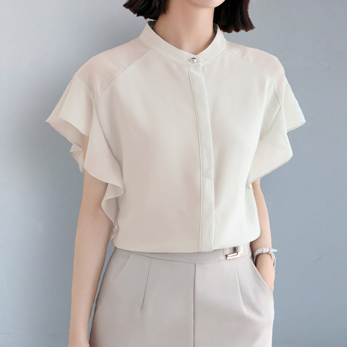 AIKA Fluffy frill sleeve band collar short sleeve front opening lightweight chiffon blouse