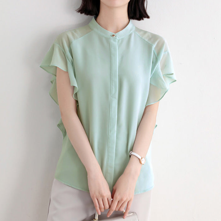 AIKA Fluffy frill sleeve band collar short sleeve front opening lightweight chiffon blouse