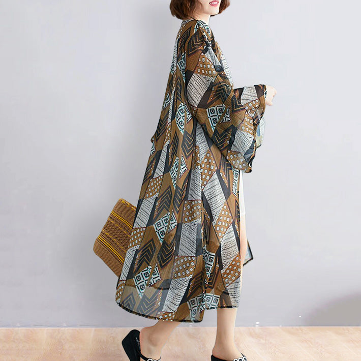 AIKA ica Soft, cool, thin, chiffon, loose fit, kimono sleeves, gold thread, ethnic pattern, long cardigan