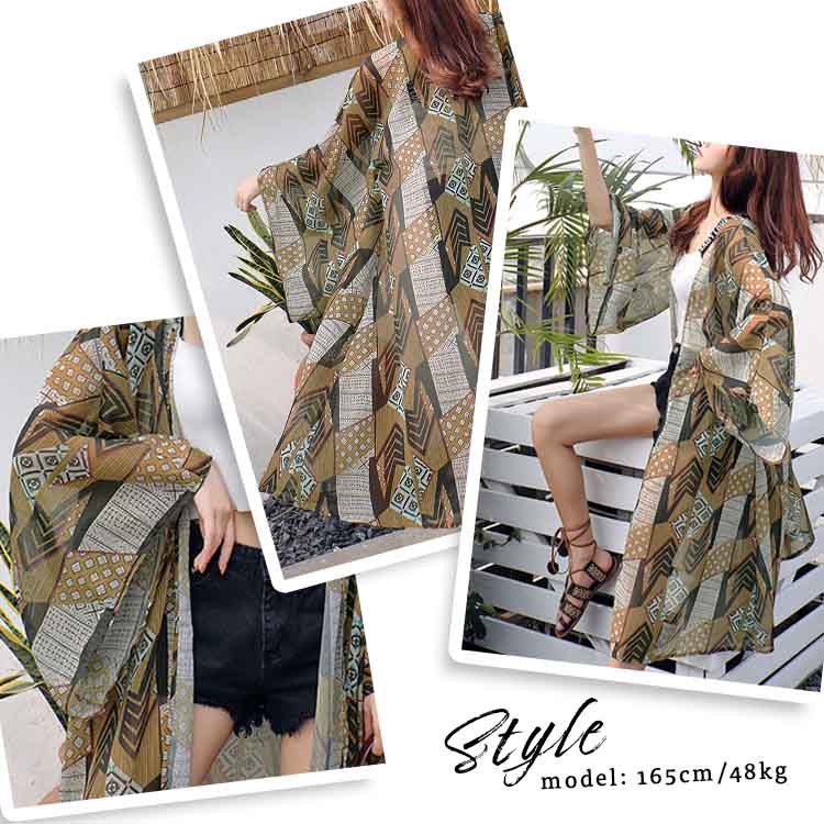 AIKA ica Soft, cool, thin, chiffon, loose fit, kimono sleeves, gold thread, ethnic pattern, long cardigan