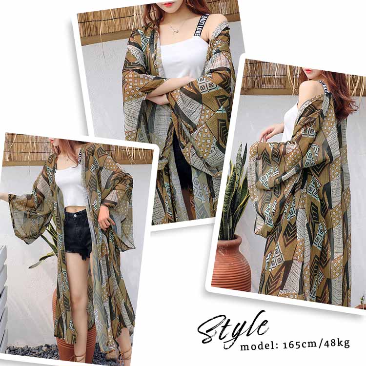 AIKA ica Soft, cool, thin, chiffon, loose fit, kimono sleeves, gold thread, ethnic pattern, long cardigan