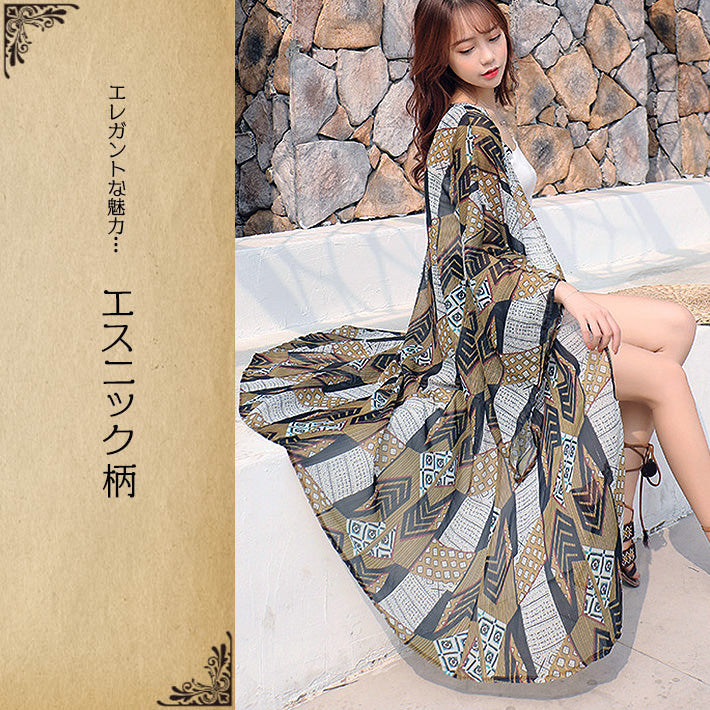 AIKA ica Soft, cool, thin, chiffon, loose fit, kimono sleeves, gold thread, ethnic pattern, long cardigan