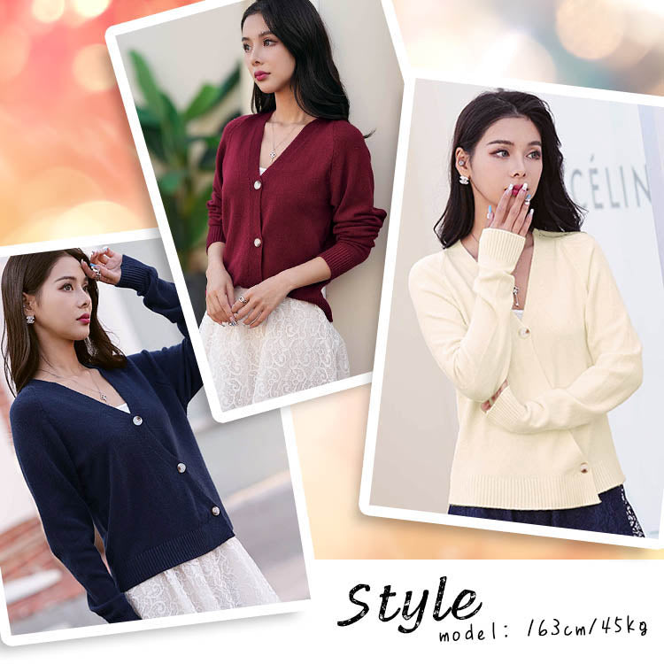 Aika Cashmere-like softness and excellent stretchability Short length Diagonal button Long sleeve Knit cardigan
