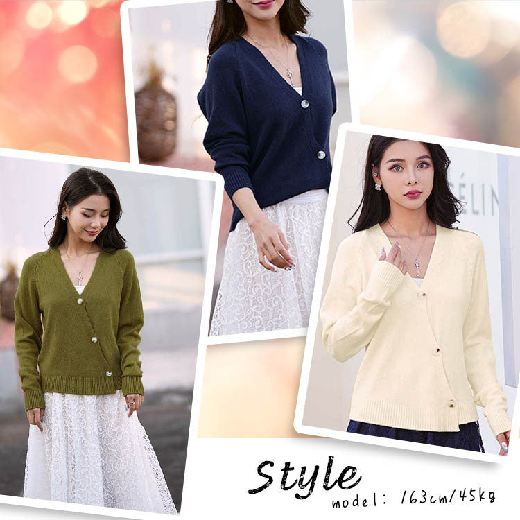 Aika Cashmere-like softness and excellent stretchability Short length Diagonal button Long sleeve Knit cardigan