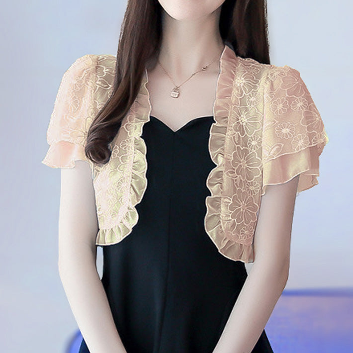 Aika ica A cute lace and chiffon see-through short sleeve short bolero cardigan with ruffled trim