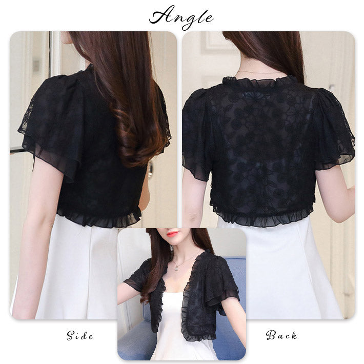 Aika ica A cute lace and chiffon see-through short sleeve short bolero cardigan with ruffled trim