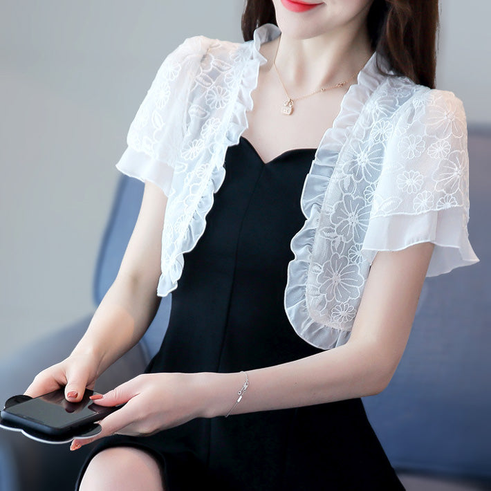 Aika ica A cute lace and chiffon see-through short sleeve short bolero cardigan with ruffled trim
