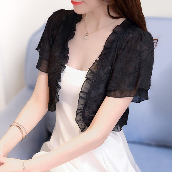 Aika ica A cute lace and chiffon see-through short sleeve short bolero cardigan with ruffled trim