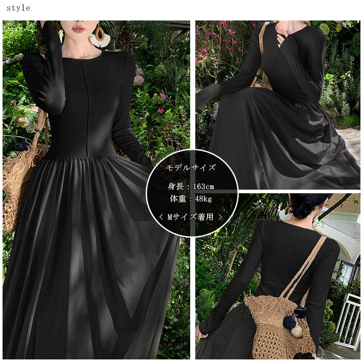 green emerald velvet dress AIKA Thin ribbed cut and sewn & woven fabric with waistband switch