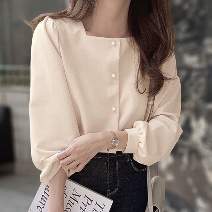 Aika ica fluffy puff sleeve square neck no collar long sleeve chiffon