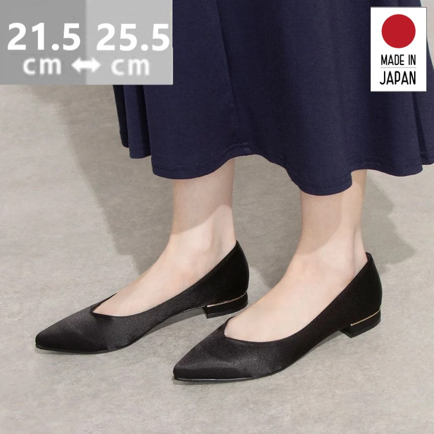 アイケープラス IKplus 【日本製】【ネット限定】美脚ポインテッドトゥ フラットパンプス 1515 ■ブラックサテン■,ブラックサテン（ピーチマイラー）