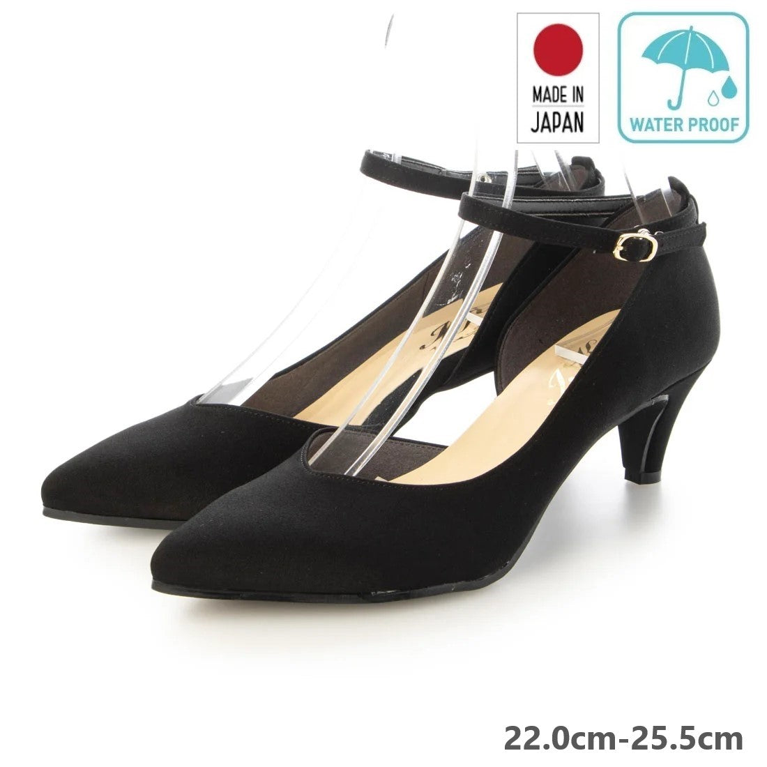 IKplus 【Made in Japan】【Rain Compatible】Beautiful Leg Posture V-Cut Line Neck Belt Pumps【For Both Sunny and Rainy Weather】 1935 black Dorkray Satin Mary Jane