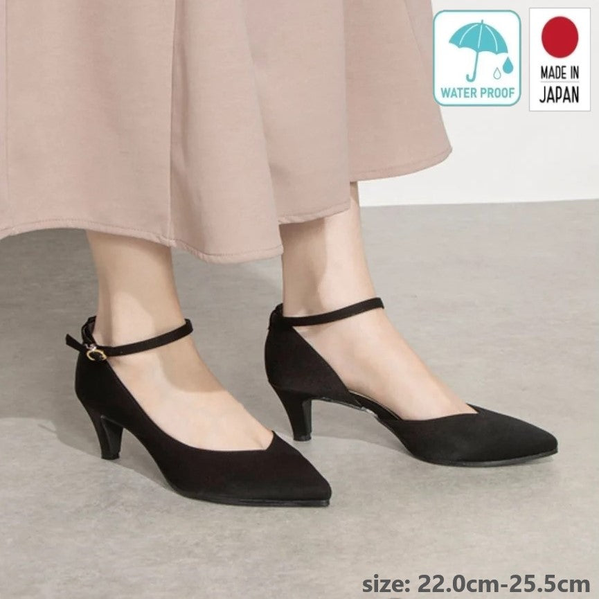 IKplus 【Made in Japan】【Rain Compatible】Beautiful Leg Posture V-Cut Line Neck Belt Pumps【For Both Sunny and Rainy Weather】 1935 black Dorkray Satin Mary Jane