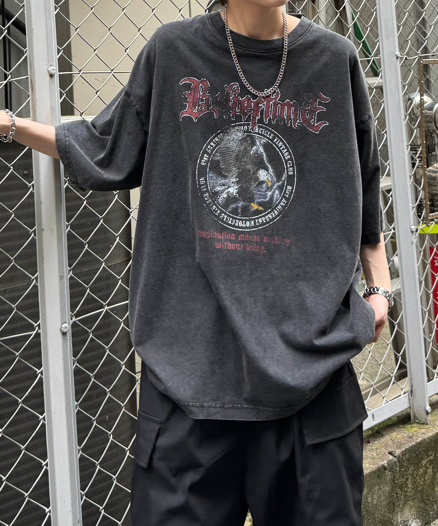 イルズ ILL'S ヴィンテージライク ロックプリント レトロ ピグメント加工 ビッグシルエット半袖バンドTシャツ （ブラック2） ブラック2