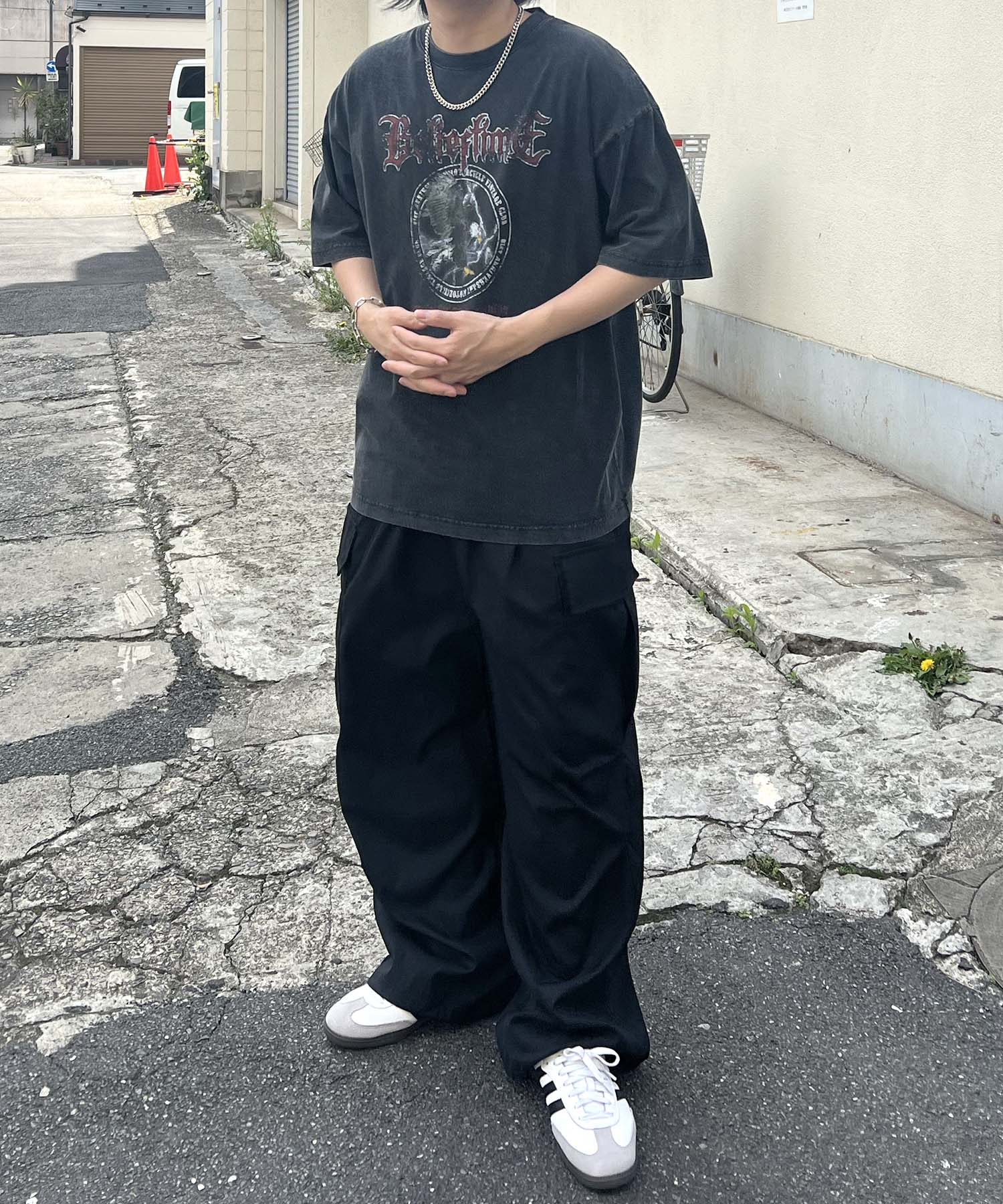 イルズ ILL'S ヴィンテージライク ロックプリント レトロ ピグメント加工 ビッグシルエット半袖バンドTシャツ （ブラック2） ブラック2