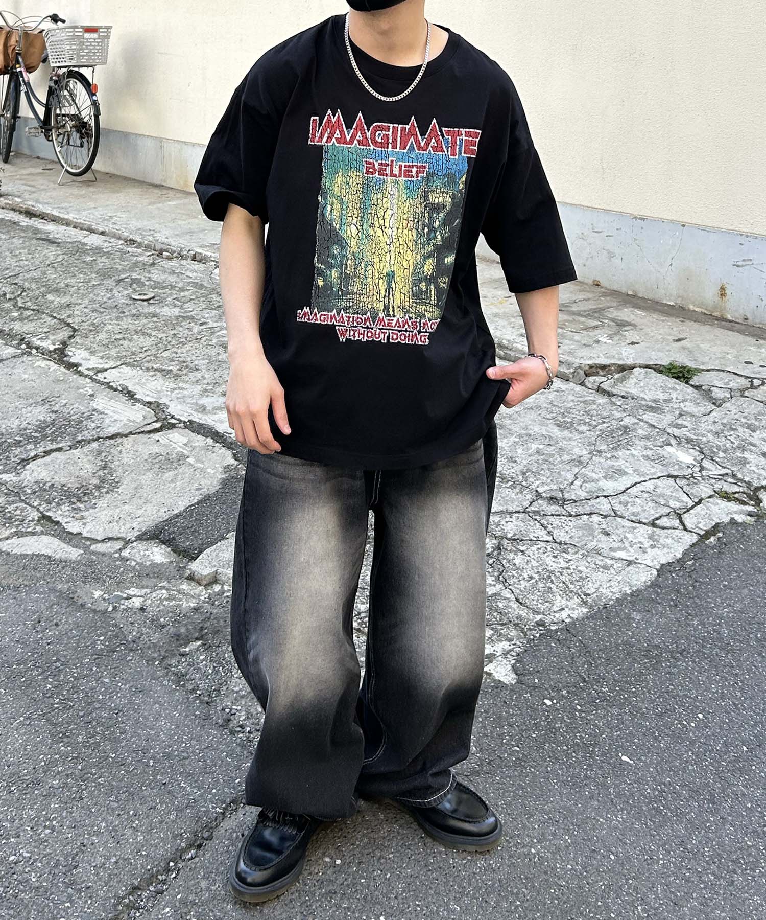 イルズ ILL'S ヴィンテージライク ロックプリント レトロ ピグメント加工 ビッグシルエット半袖バンドTシャツ （ブラック） ブラック
