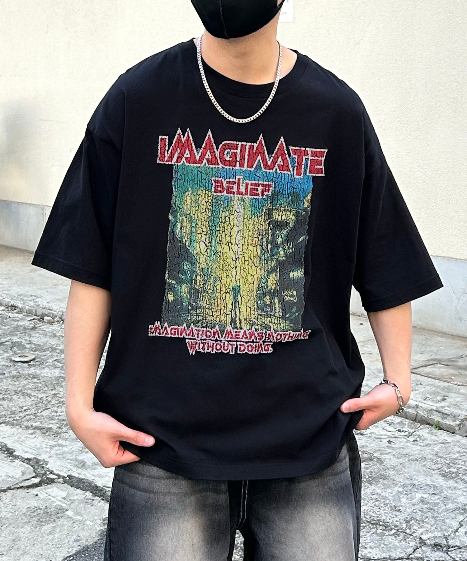 イルズ ILL'S ヴィンテージライク ロックプリント レトロ ピグメント加工 ビッグシルエット半袖バンドTシャツ （ブラック） ブラック