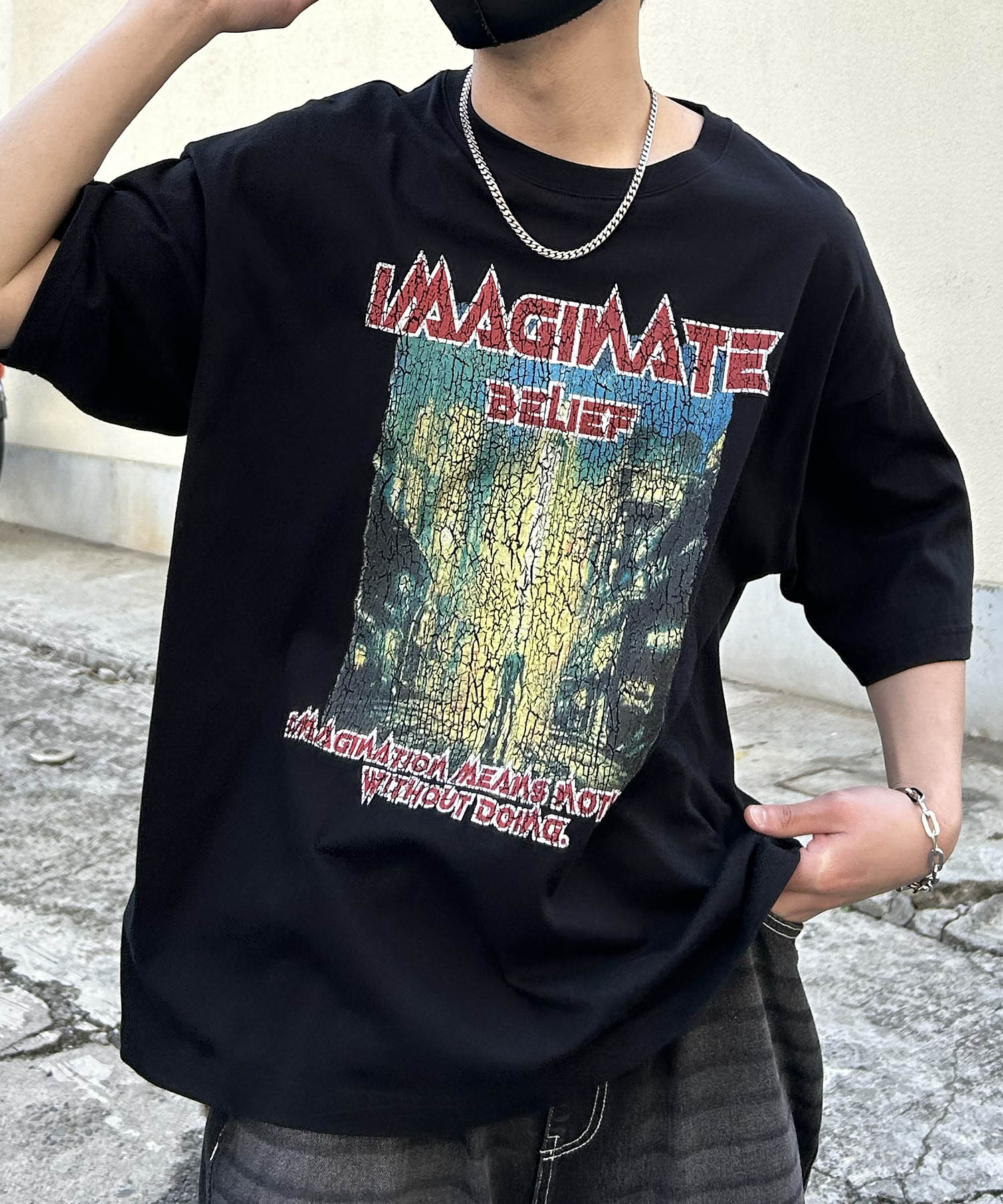 イルズ ILL'S ヴィンテージライク ロックプリント レトロ ピグメント加工 ビッグシルエット半袖バンドTシャツ （ブラック） ブラック
