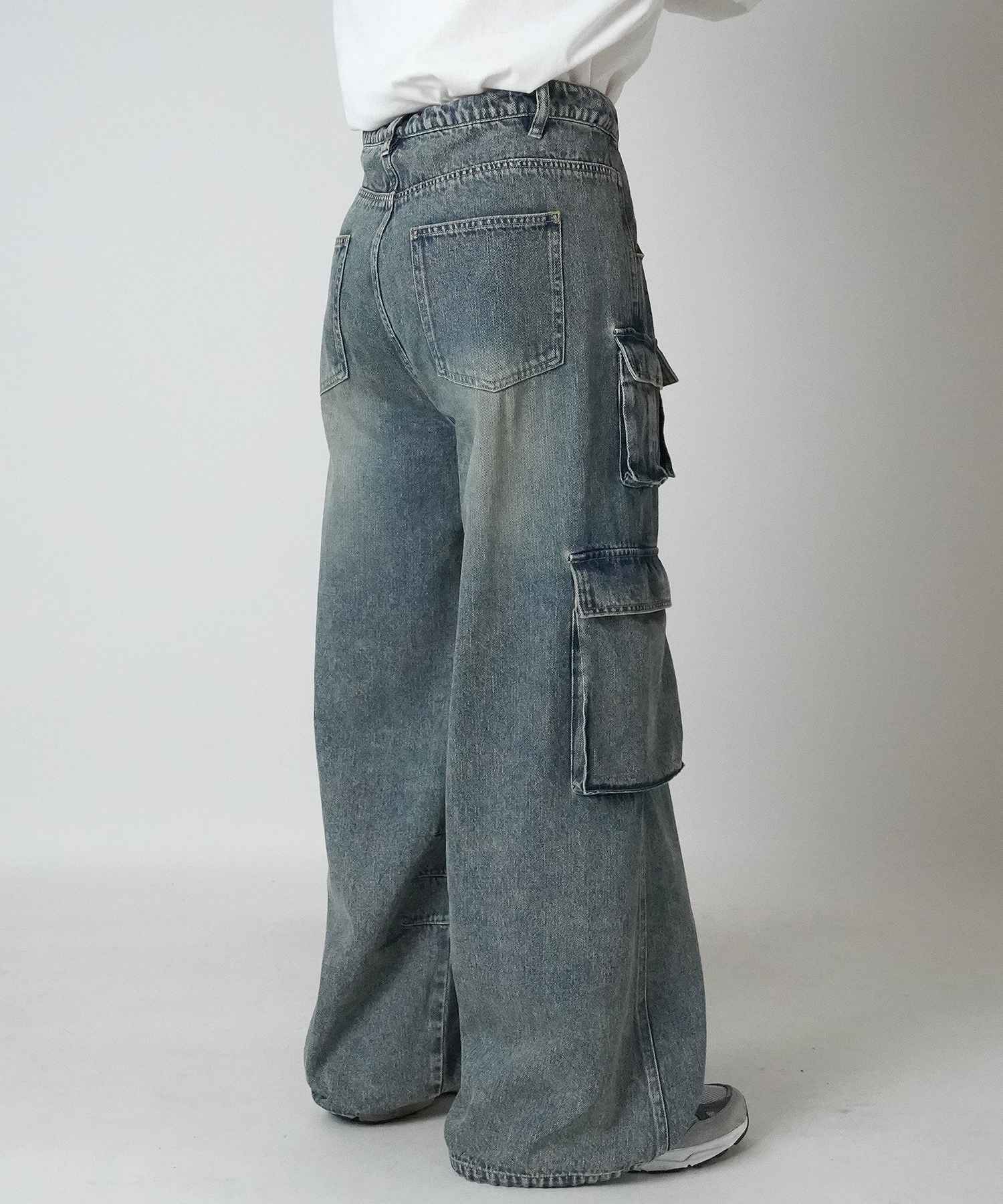 イルズ ILL'S ヴィンテージメイク レトロライク Y2Kグランジ ケミカル加工 マルチポケットデニムカーゴパンツ （サックス） サックス