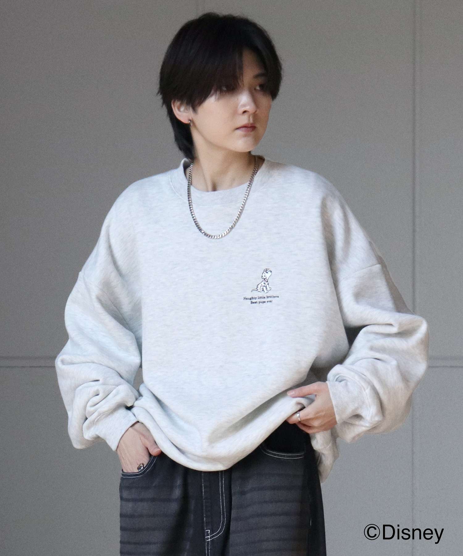 イルズ ILL'S ディズニーシリーズ ワンポイント刺繍 バックプリント ビッグシルエットプルオーバー クルースウェット ユニセックス （グレー） グレー