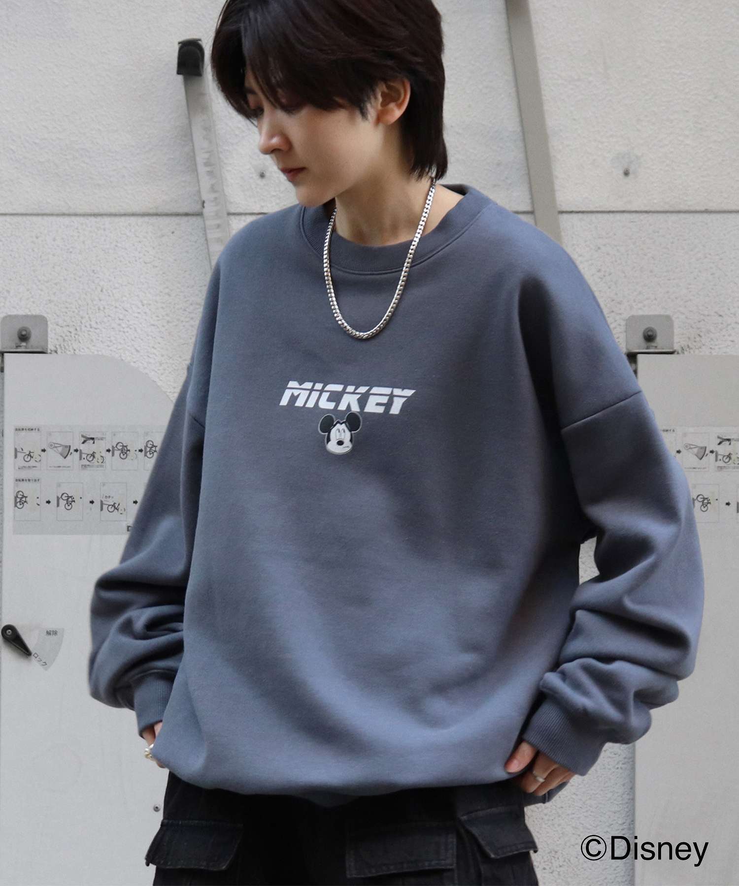 イルズ ILL'S ディズニーシリーズ ワンポイント刺繍 バックプリント ビッグシルエットプルオーバー クルースウェット ユニセックス （チャコール2） チャコール2