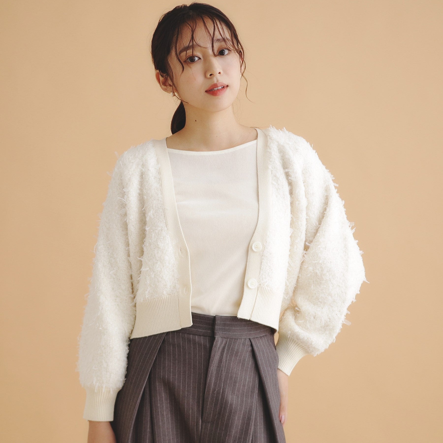 インデックス index チュールフラッグVネックカーディガン【洗濯機可】,オフホワイト(003)